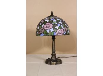 Tiffany-style Stained Glass Pink And Slate Rose Lamp