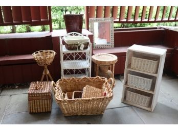 Group Lot Of Woven Baskets, Storage, And Mirror