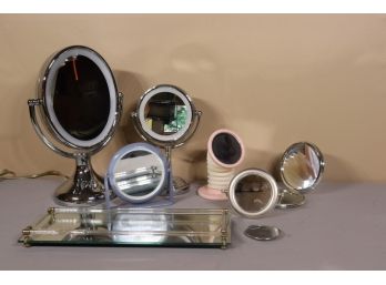Group Lot Of Round Vanity Mirrors And Mirrored Vanity Tray
