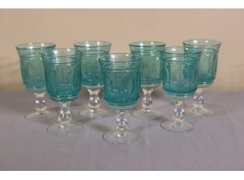 Set Of Seven Aquamarine Bullicante Glass Goblets