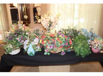Pretty Group Lot Of Faux Floral Arrangements - Vases, Baskets And Pots