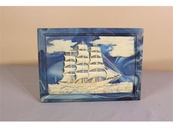 Three Mast White Ship Carving On Blue Swirl Ground - As Hinged Top For Accessory Box