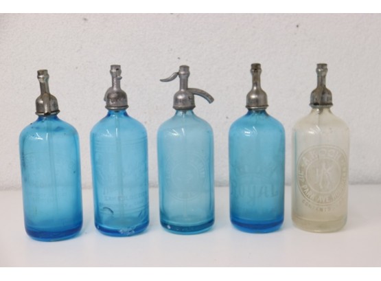 Group Lot #1: L'Eau Du Hoboken Five Vintage Branded Glass Seltzer Bottles - 4 Blue, 1 Clear