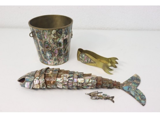 Vintage Mother Of Pearl & Brass Bar Set - Articulated Fish & Guppy And Ice Bucket/Tongs  Loose  Pieces