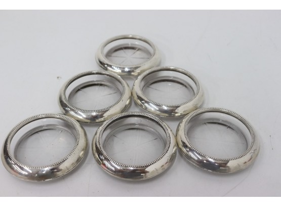 Six Round Silver And Crystal Coasters