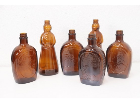 Variety Of Six Vintage Amber Glass Bottles - Monuments, Men, And Mrs. Butterworth