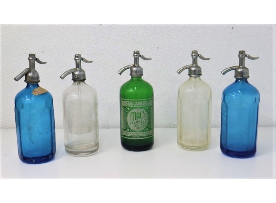 Group Lot #2:  Five Vintage Branded Glass Seltzer Bottles - 2 Blue, 2 Clear, 1 Green