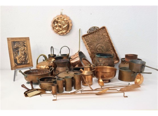 Group Lot Of Copper Vessels, Pots, Pans, Utensil/Tools And More