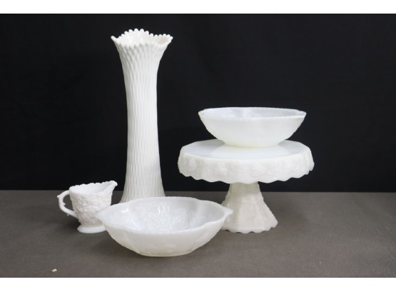 Lovely Collection Of Milk Glass Tabletop Objects - 5 In All - Vase, Cake Stand, 2 Bowls, Cramer/pitcher