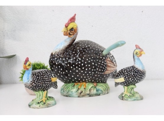 Italian Ceramic BossLady Guinea Fowl Soup Tureen With Two Young Guinea Bodyguards
