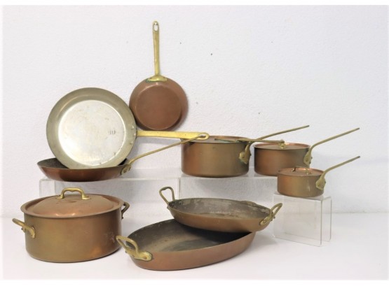 Well-loved Vintage Copper Cookware With Brass Handles