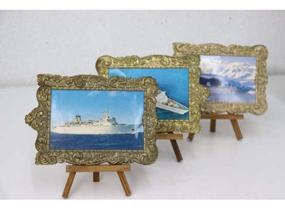 Set Of Three Small Brass Frames Enclosing Three Ships At Sea Images