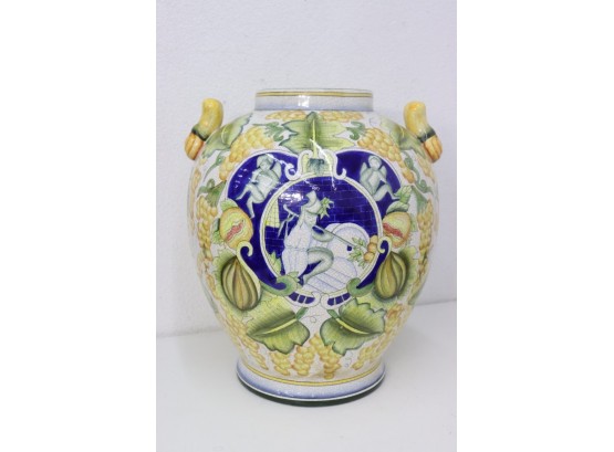Yellow And Blue Hand-painted Orchard And Garden Italian Pottery Vase