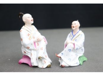 Pair Of Porcelain Singing Seated Samurai Figurines - Master And Grasshopper