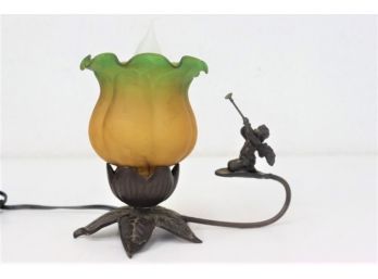 Yellow/green Glass And Brass Flower Table Light With Trumpeting Angel
