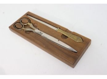 Vintage Paper Knife And Long Scissor Set In Carved Wood Desk Holder