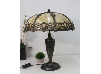 Arts & Crafts Style Filigreed 8-Panel Slag Glass Lamp