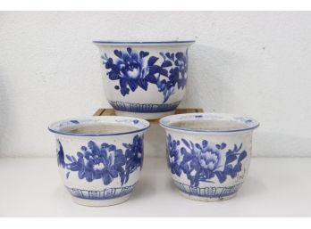 Group Of Three Blue & White Floral Motif Planters