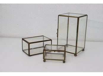 Trio Of Vintage Glass And Metal Skeleton Frame Presentation Boxes - Hinged Lids (small Crack In One)