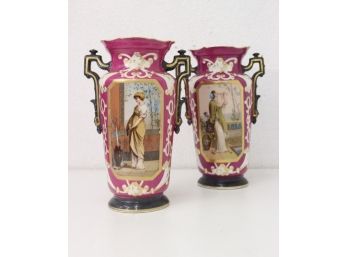 Pair Of Vieux Paris Style Porcelain Vases In Maroon And Gold With Portraits