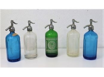 Group Lot #2:  Five Vintage Branded Glass Seltzer Bottles - 2 Blue, 2 Clear, 1 Green