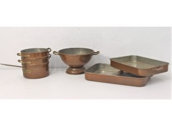 Superb Mix Of Copper Cookware - Braising Pans, Colander, Double Boiler With Steamer Basket