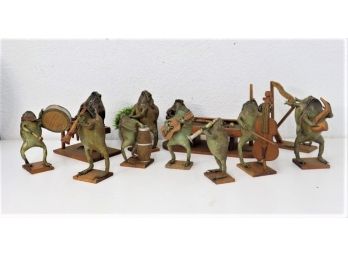 Ten Piece Instrument Playing Frog Band With Couple Of Snooker Playing Frogs