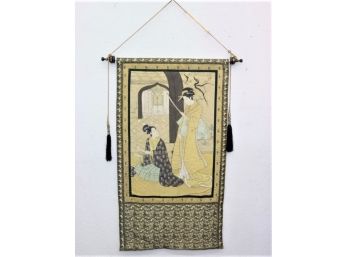 Japanese Hanging Scroll - Samurai Archery Practice Painting On Silk Panel - Richly Embroidered Surround