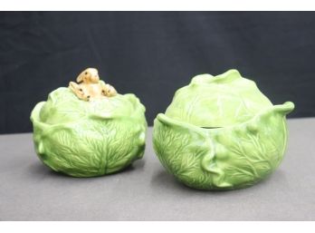 Pair Of Cabbage Ware Covered Bowls - One Plain Top And One With Critters! - Bottom Stamp
