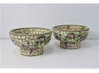 Two French Country Pique Assiette Mosaic Pedestal Bowls