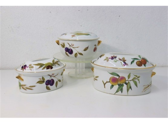 Trio Of Royal Worcester Evesham Covered Casseroles - Oval Shape 24 In 2 Sizes And Round Shape 23