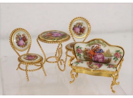 Miniature Champagne Muselet And Plaque Parlor Chair And Table Trio With Matching Bench