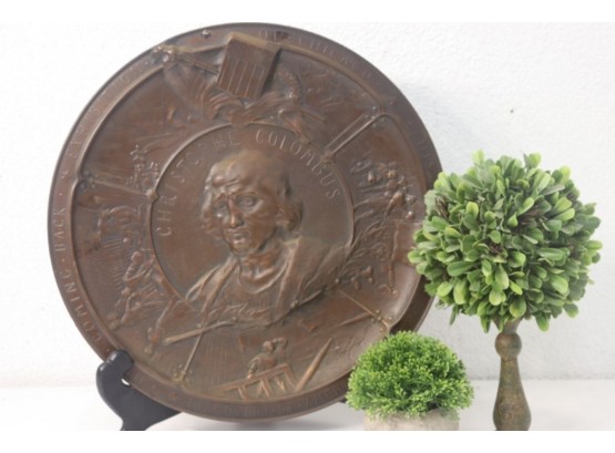 1892 Christopher Columbus Bronze Wall Plaque Signed By Tonelli From Chicago Exposition