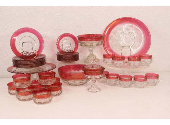 Delicious Collection Of Cranberry Cut To Clear Vintage Glass Dessert, Petit-Fours, And Punch Set