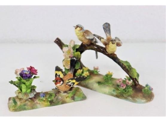 Two By Crown Staffordshire: JT Jones Two Birds On A Branch And Solo Bird With Flowers Figurines