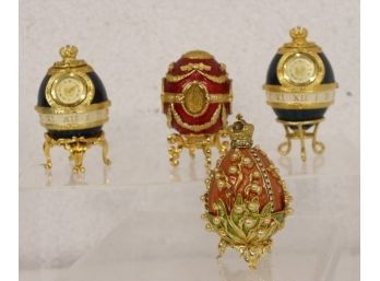 Four Fab-Style Joan Rivers Imperial Treasures Eggs - Two Clocks, One Cameo Frames, And One Lily Of The Valley