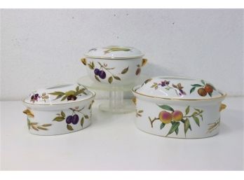 Trio Of Royal Worcester Evesham Covered Casseroles - Oval Shape 24 In 2 Sizes And Round Shape 23