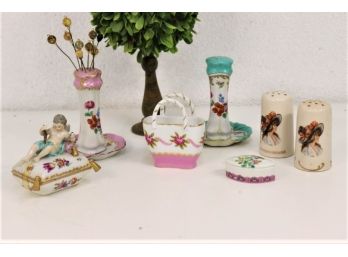 Group Lot Of Hand-Painted Porcelain - Candlesticks, Decorative Boxes And Basket, Salt & Pepper