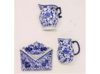 Three Flow Blue China Pocket Vases - 1 Envelope And 2 Pitchers