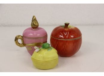 Three Porcelain Fruit-inspired Covered Vessels - Apple, Strawberry, And Lemon (lemon Marked Met Museum)