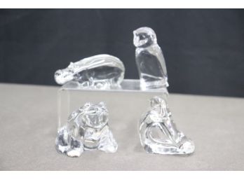 Quartet Of Crystal Figurines - Owl, Hippo, Dove, And Toad - 1 Baccarat, 1 Villeory & Boch, 2 Signed Elson