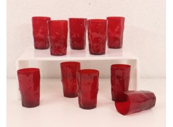 Collection Of Ten Vintage Ruby Crinkle Red Glass Tumblers