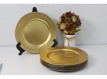 Set Of Six Gold Decorative Plastic Chargers With Protective Lacquer Finish