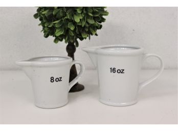 Two ND Exclusive White Ceramic Liquid Measuring Pitchers - 16oz And 8oz