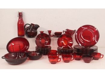 Group Lot Of Vintage Scarlet And Maroon Glass Cups, Plates, Pitchers, Bowls, Etc.