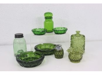 Group Lot Of Green Depression Glass In Hobnail, Thumbprint, And Smooth Patterns