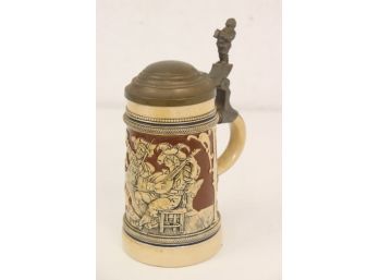 Mettlach-style Ceramic Beer Stein With Figural Thumb Lift - Bottom Stamped No. 636
