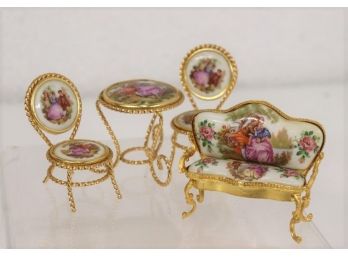 Miniature Champagne Muselet And Plaque Parlor Chair And Table Trio With Matching Bench