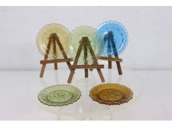 Five Decorative Floral Colored Glass Small Plates With Sawtooth Bubble Edge