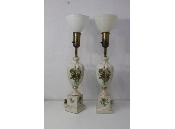 Pair Of Porcelain Trophy Urn And Plinth Table Lamps With Concave Pressed Glass Up Shades
